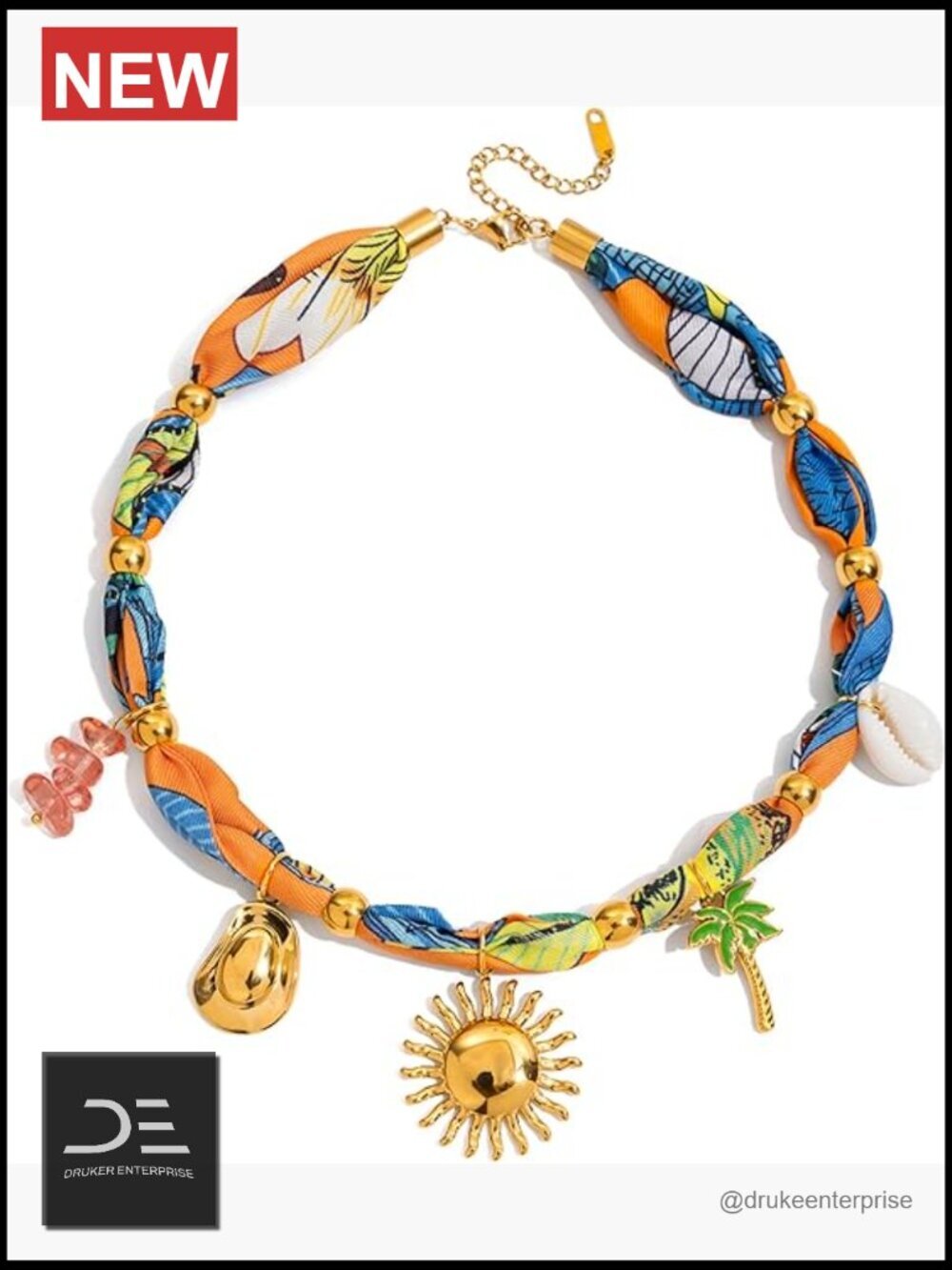 Boho Faux Silk Scarf Choker Necklace with Sun and Beach Charms